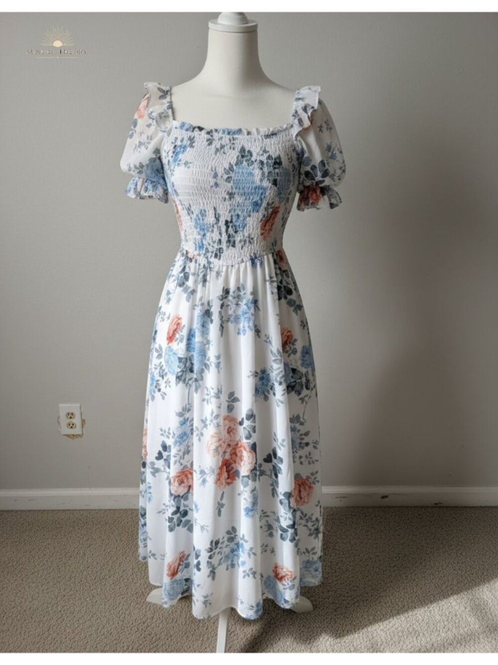 Women's Floral Chiffon Midi Dress Smocked Puff Sleeve Cottagecore Tea Party